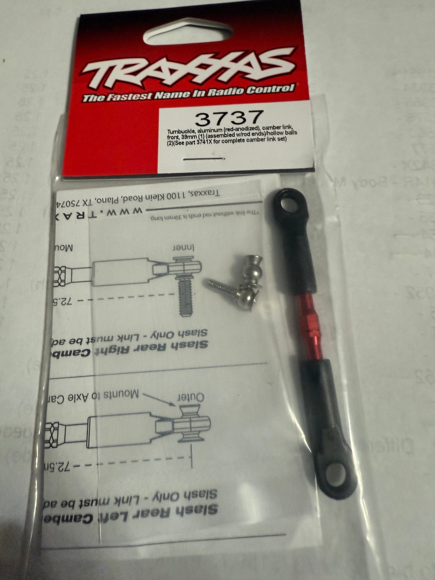 Traxxas 3737 Turnbuckle, aluminum (red-anodized), camber link, front, 39mm (1) (assembled w/rod ends)/hollow balls (2)(See part 3741X for complete camber link set)