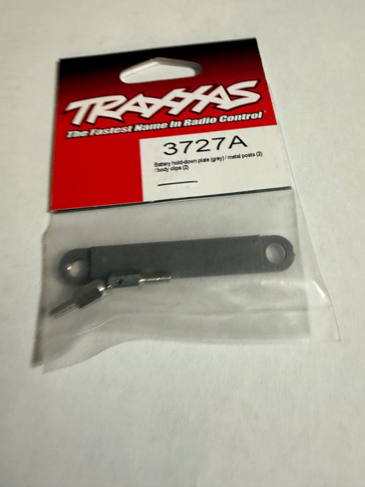 Traxxas 3727A  Battery hold-down plate (grey) / metal posts (2) / body clips (2)